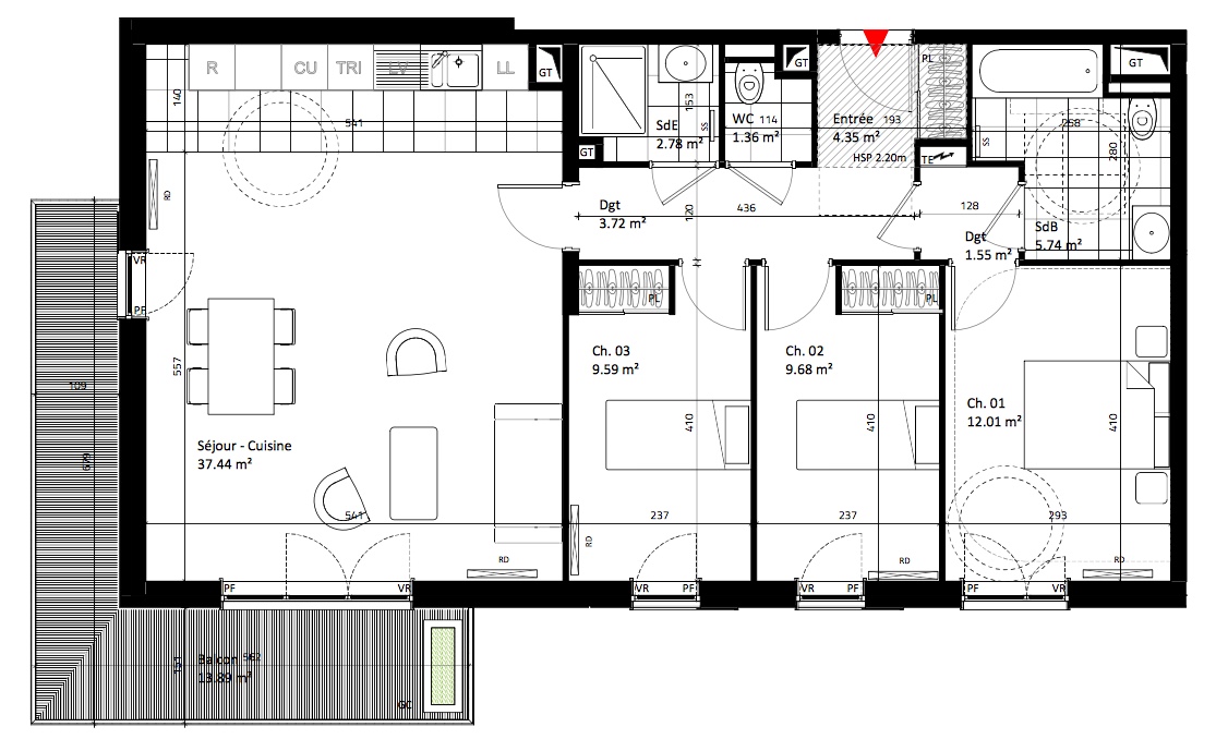 T4 - 88,28 m² - 1er étage - Balcon - Parking