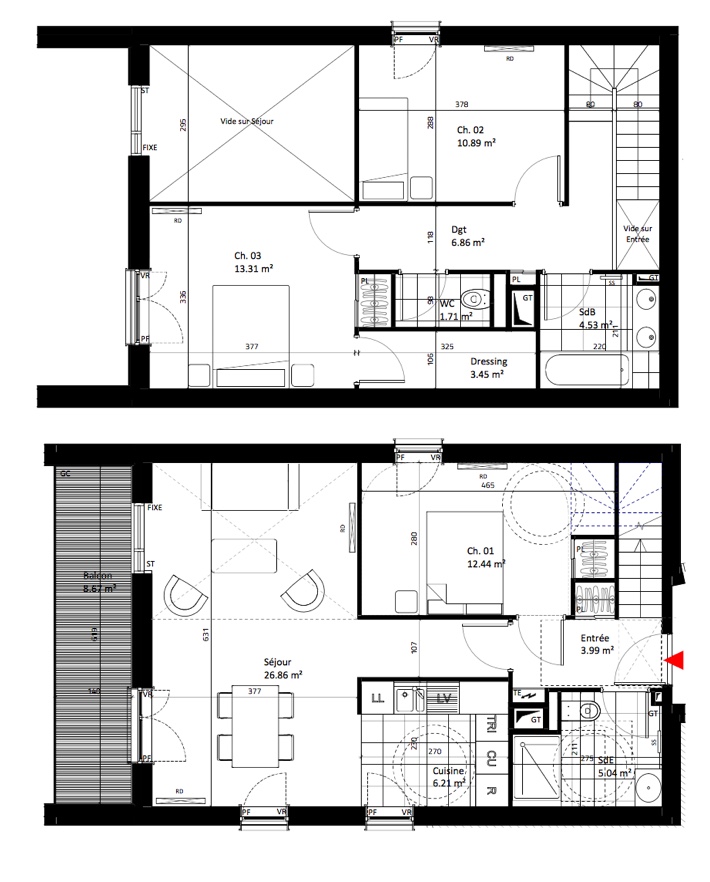 T4 - 96,00 m² - 3/4ème étage - Balcon - Parking