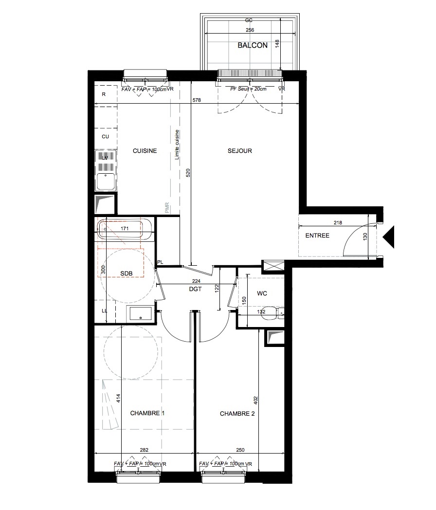 T3 - 62,10 m² - 5ème étage - Balcon - Parking