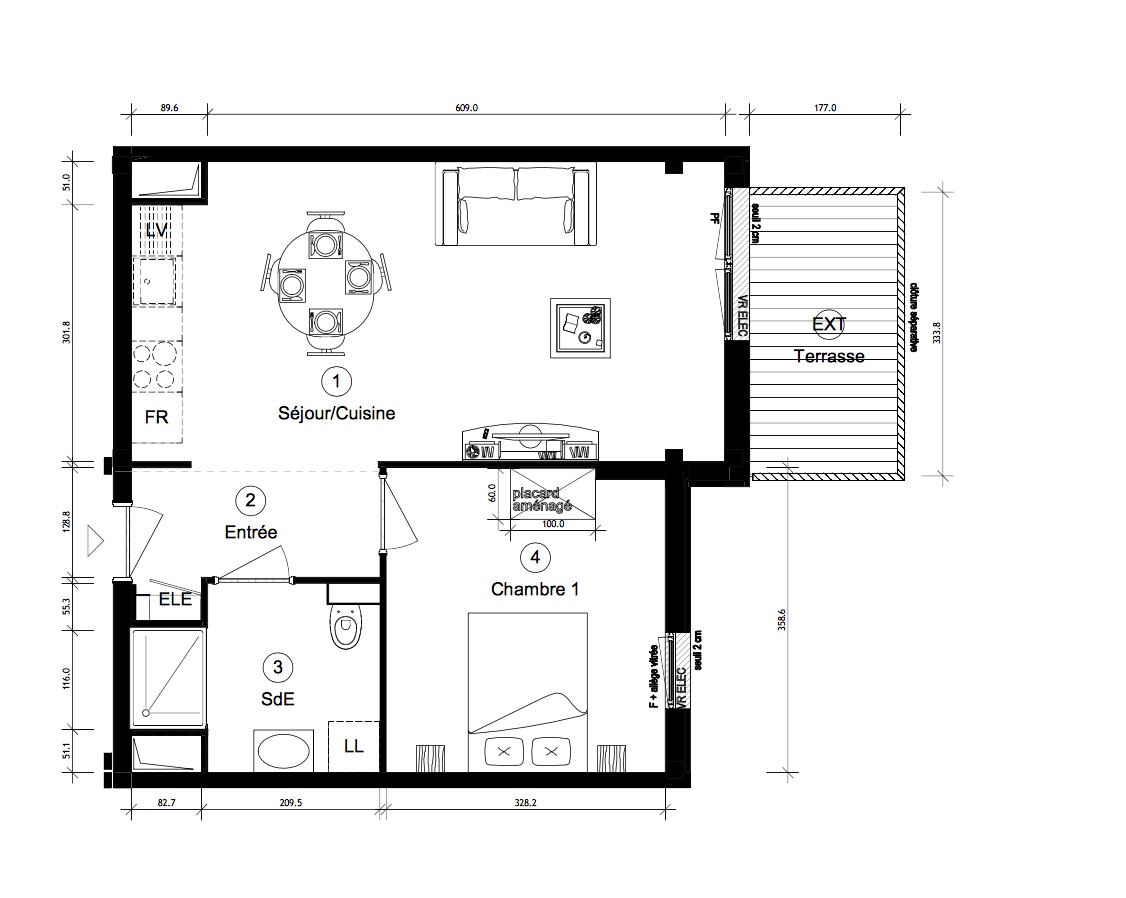 T2 - 45,41 m² - RdC - Terrasse