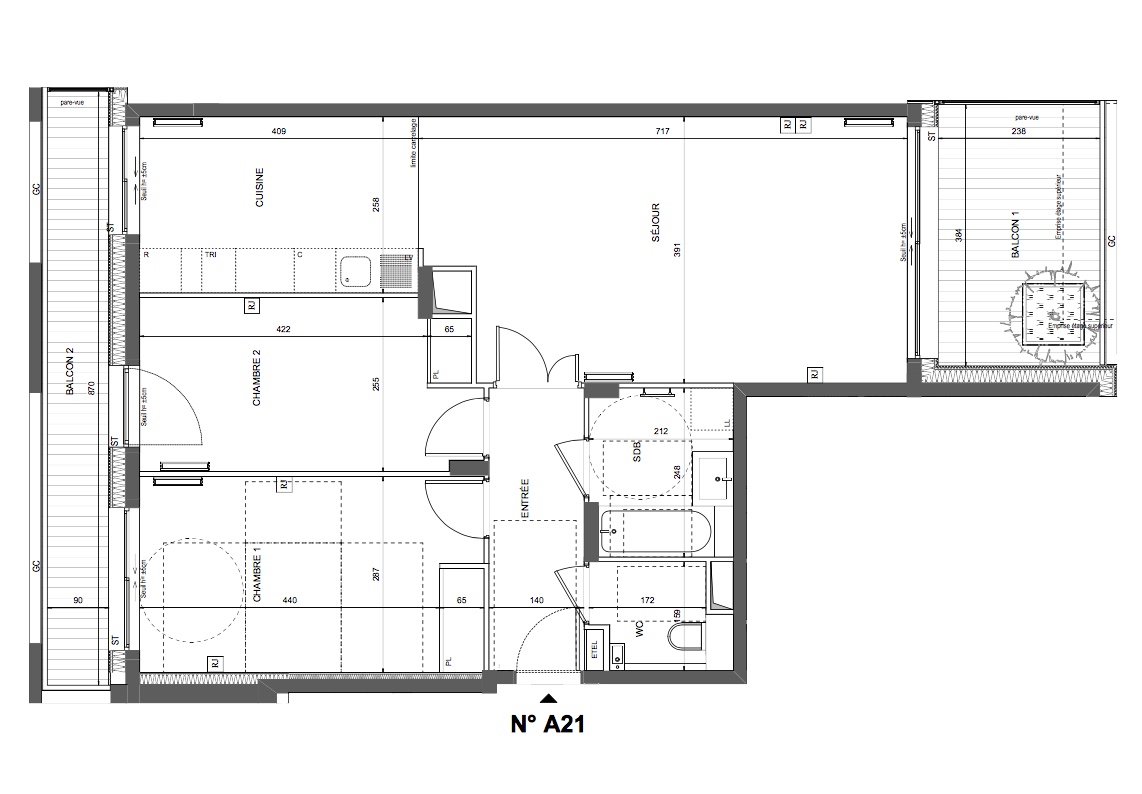 T3 - 77,75 m² - 2ème étage - Balcon