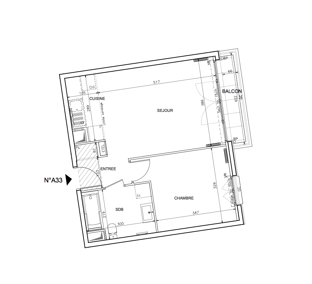 T2 - 45,25 m² - 3ème étage - Balcon - Parking