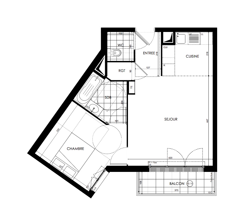 T2 - 45,53 m² - 5ème étage - Balcon - Parking
