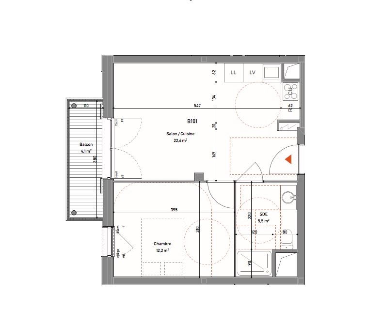 T2 - 40,20 m² - 1er étage - Balcon - Parking