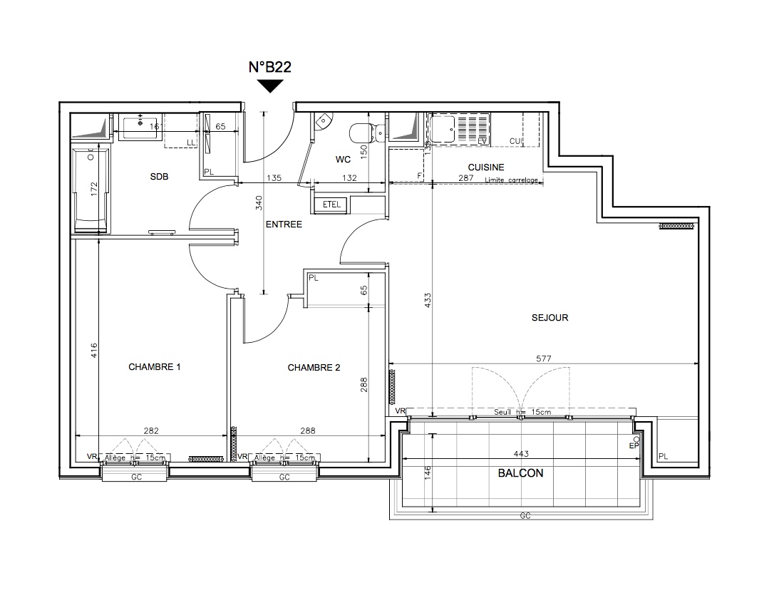 T3 - 64,00 m² - 2ème étage - Balcon - Parking