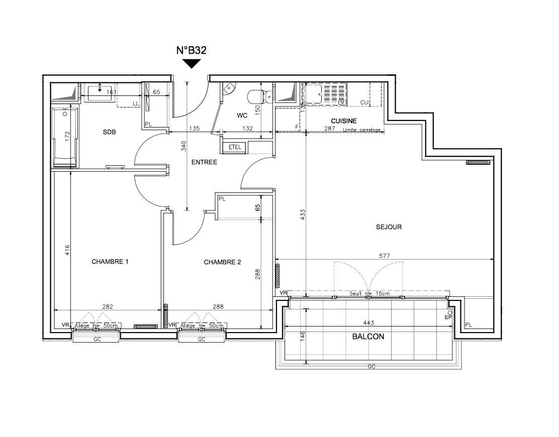 T3 - 64,00 m² - 3ème étage - Balcon - Parking