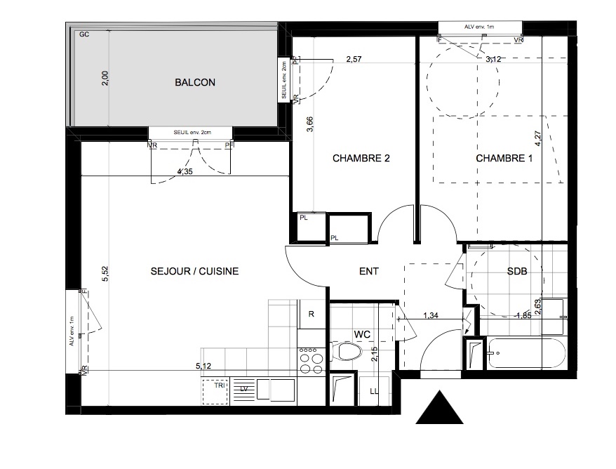 T3 - 63,33 m² - 2ème étage - Balcon - Parking