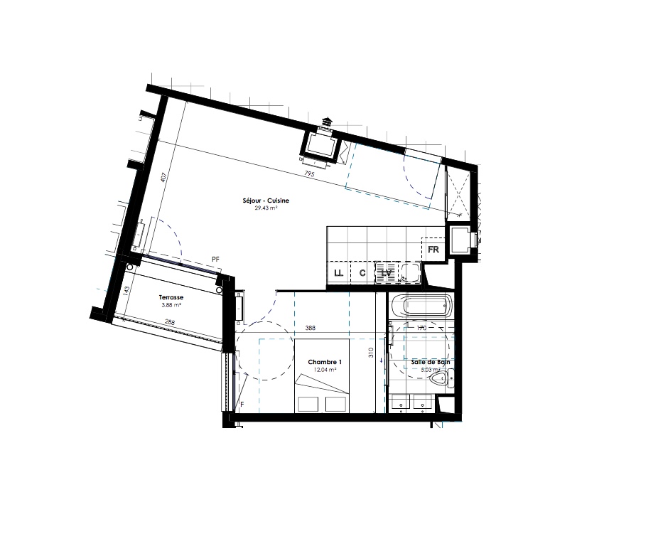 T2 - 46,49 m² - 1er étage - Balcon - Parking