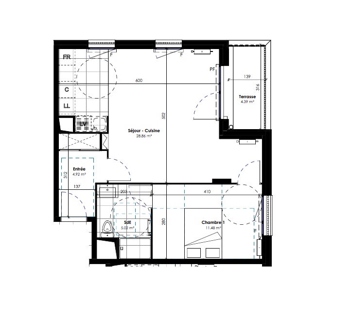 T2 - 51,00 m² - 1er étage - Balcon - Parking