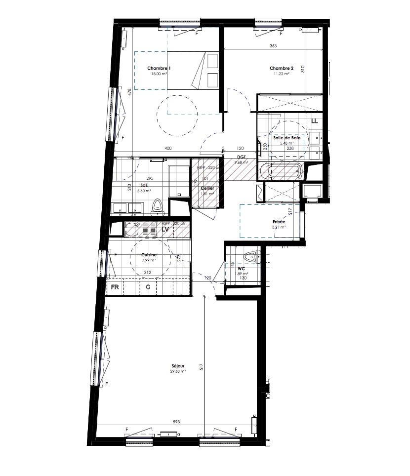 T3 - 94,93 m² - 4ème étage - Balcon - Parking
