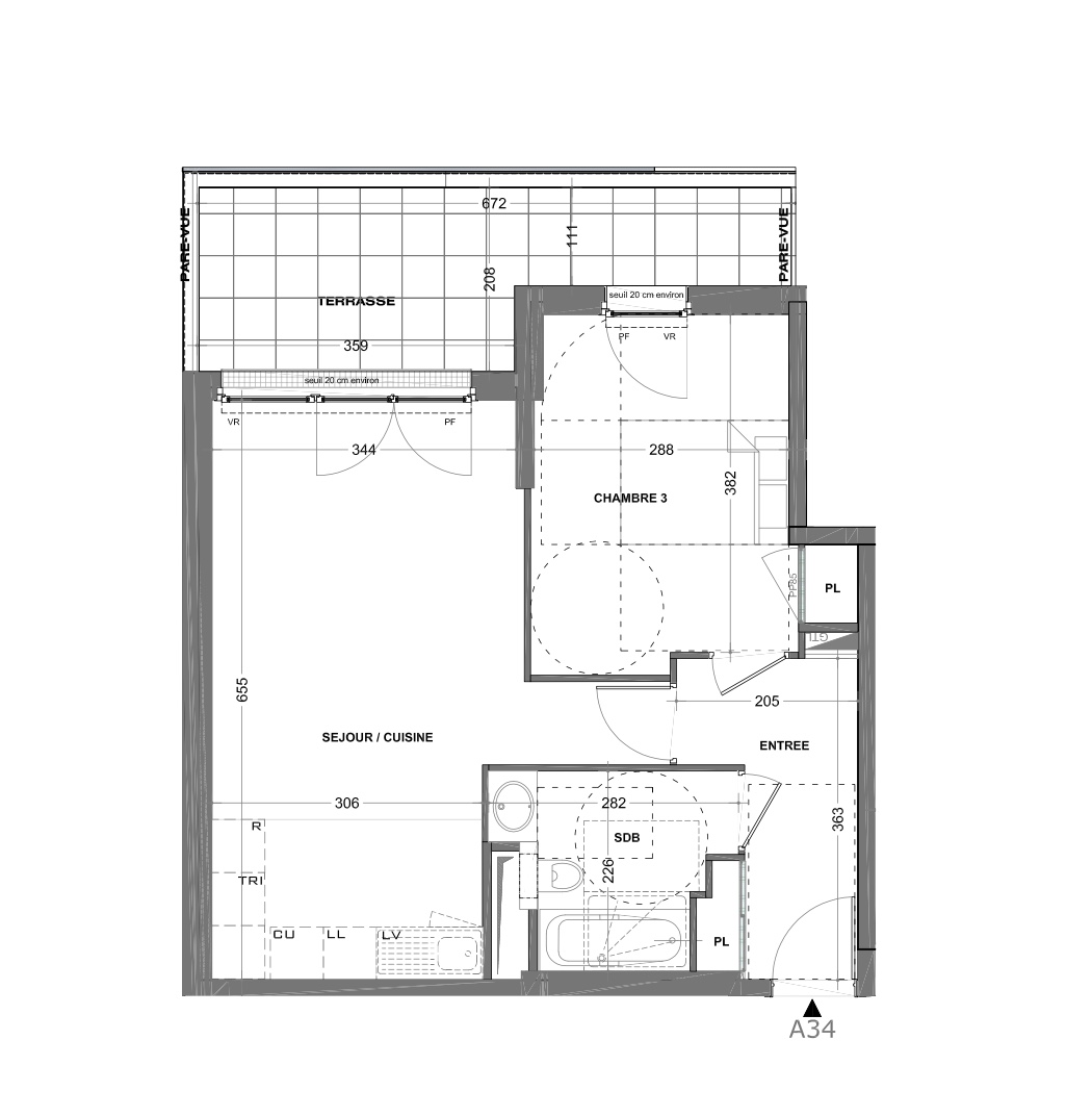 T2 - 46,74 m² - 3ème étage - Balcon - Parking
