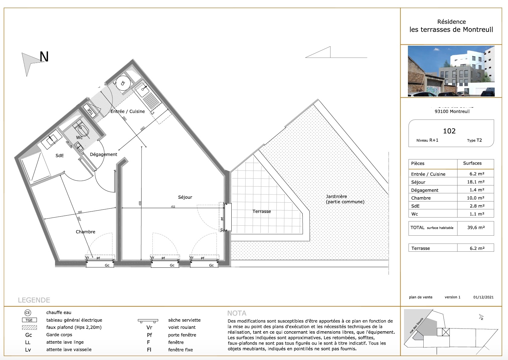T2 - 39,60 m² - 1er étage - Terrasse 6,20 m² - VENDU