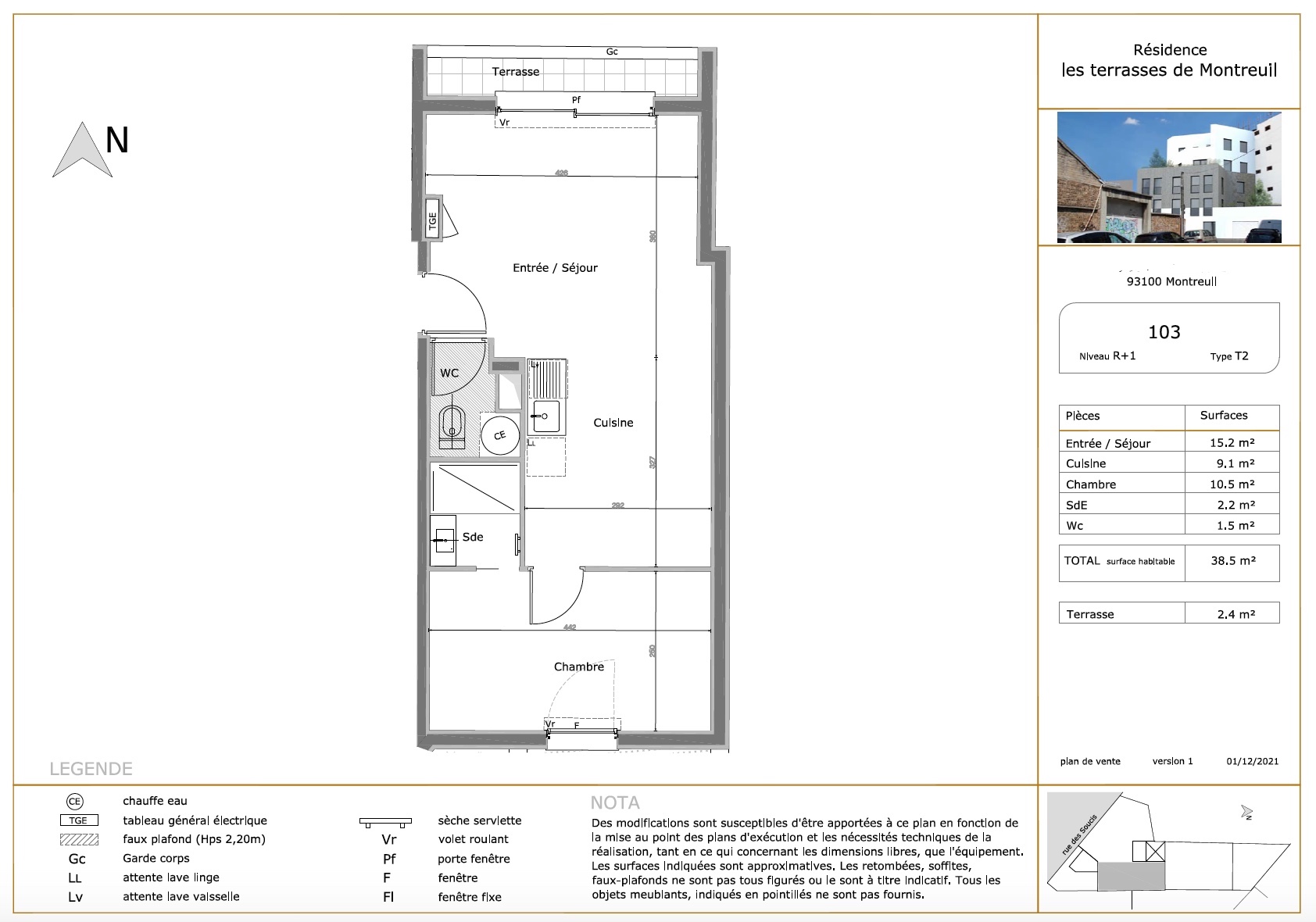 T2 - 38,50 m² - 1er étage - Balcon - VENDU
