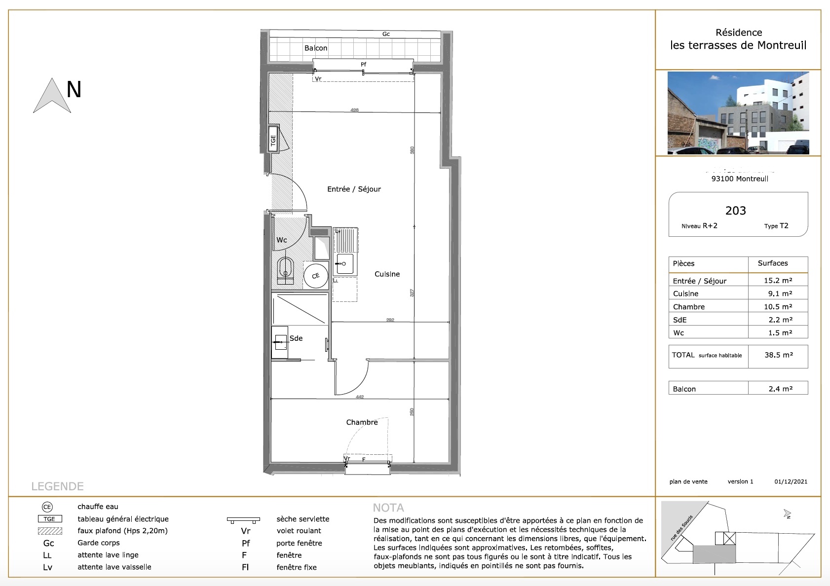 T2 - 38,50 m² - 2ème étage - Balcon - VENDU
