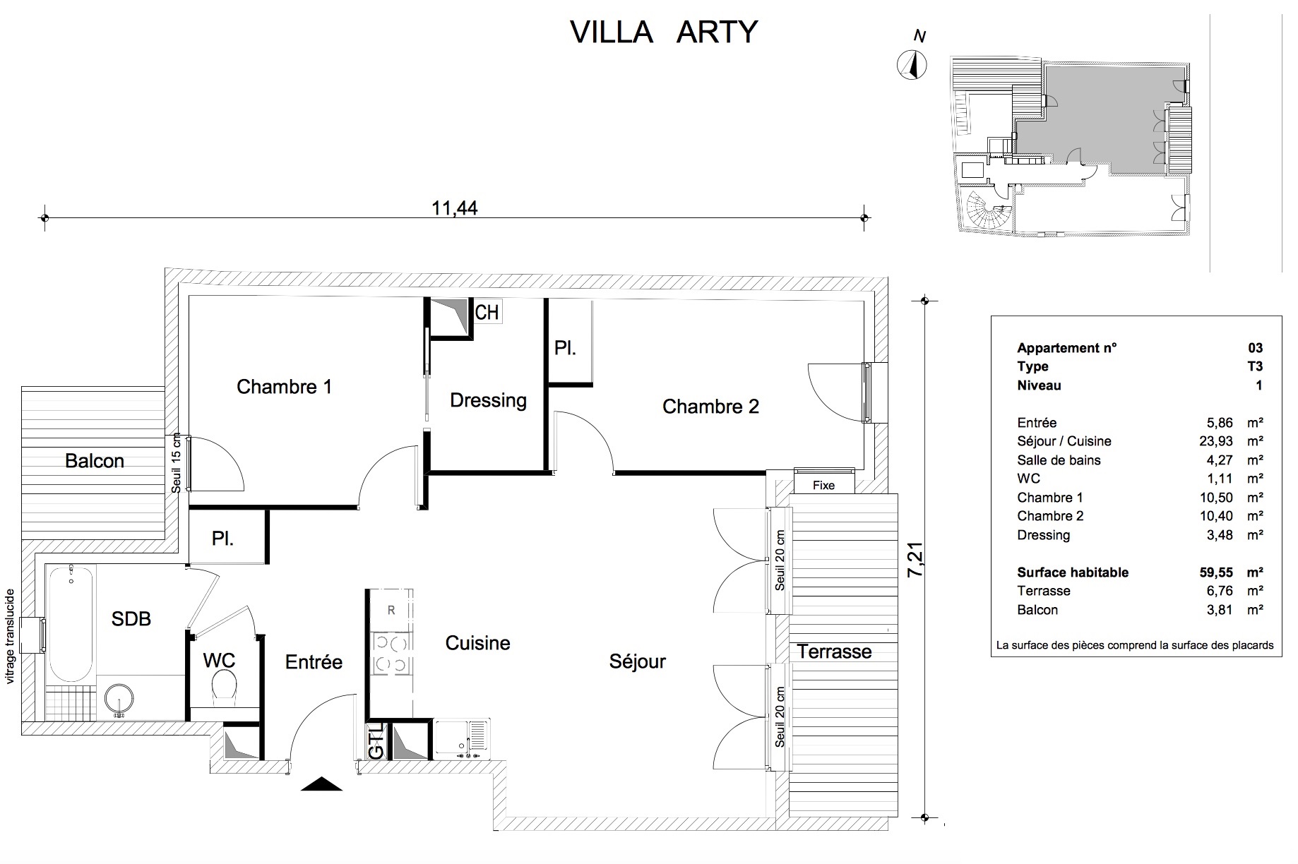 T3 - 59,55 m² - 1er étage - Loggia 6,76 m² - Balcon 3,81 m² - Documentation - VENDU