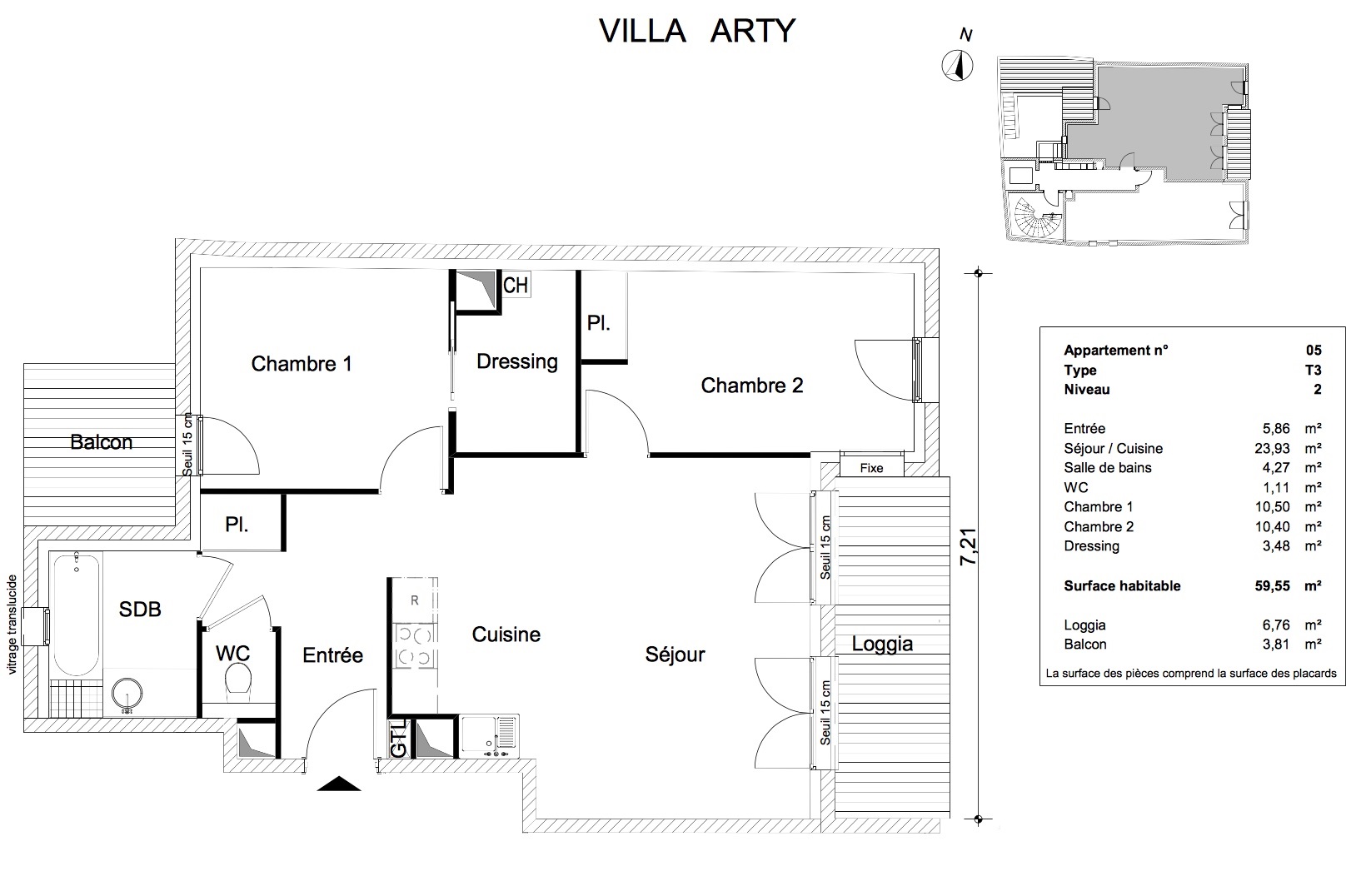 T3 - 59,55 m² - 2ème étage - Loggia 6,76 m² - Balcon 3,81 m² -VENDU
