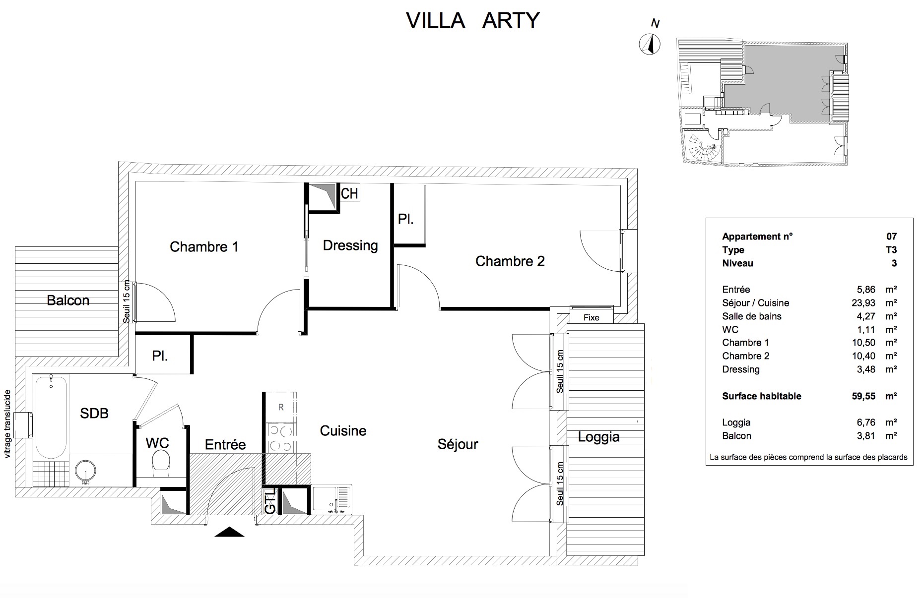 T3 - 59,55 m² - 3ème étage - Loggia 6,76 m² - Balcon 3,81 m² - Documentation - VENDU