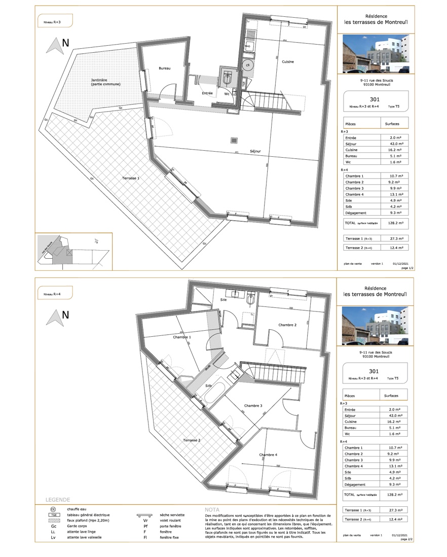T5 Duplex - 128,20 m² - Terrasse 27,30 m² + Terrasse 12,40 m²- Plan - Documentation - Nous contacter 